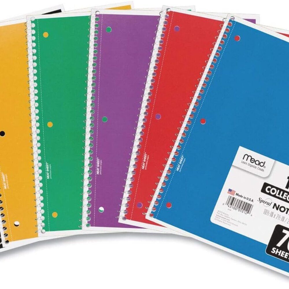 Spiral Notebook, 6 Pack, 1 Subject, College Ruled Paper, 7-1/2" x 10-1/2", 70 Sh